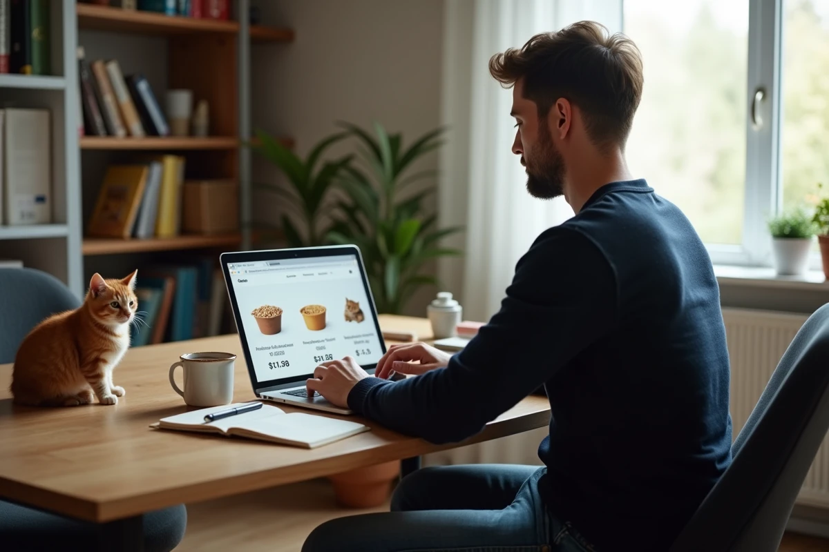 Homme recherchant les meilleurs prix de granules Leclerc en ligne depuis son bureau à domicile