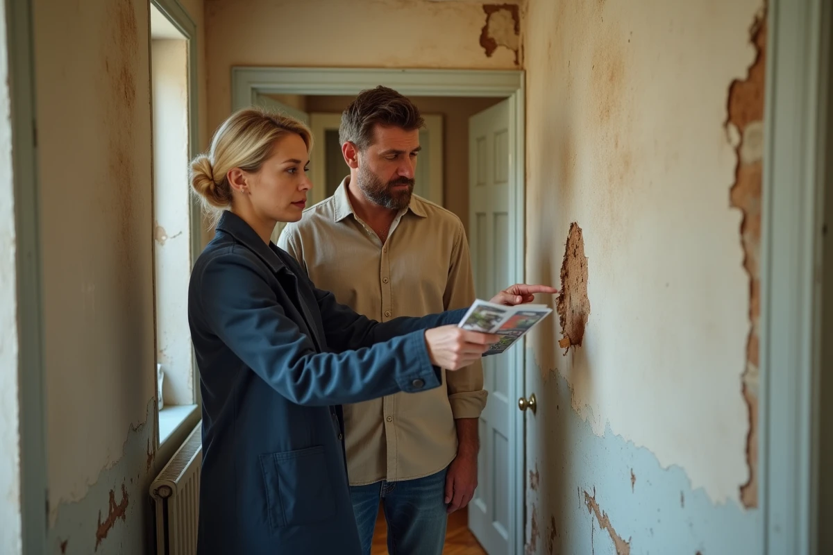 Couple d'acheteurs immobiliers inquiets devant un mur taché d'humidité dans une maison en vente