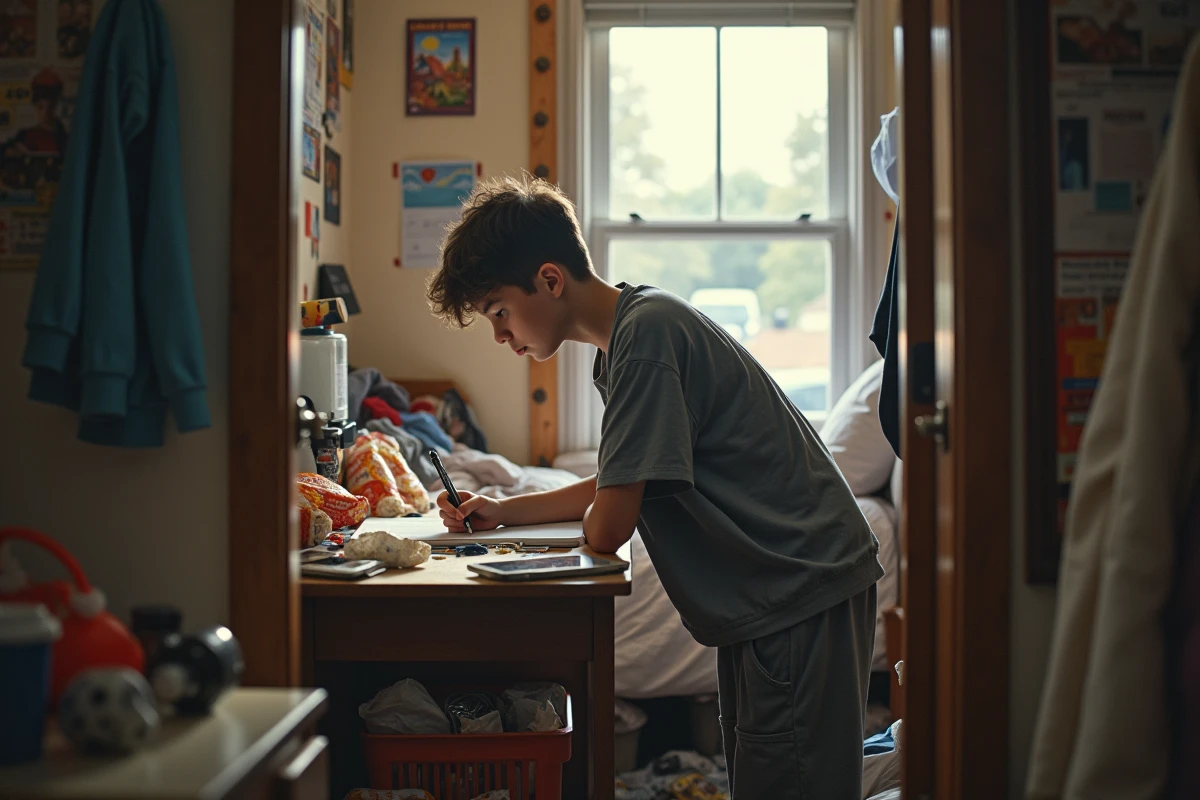 Adolescent dessinant dans sa chambre en désordre