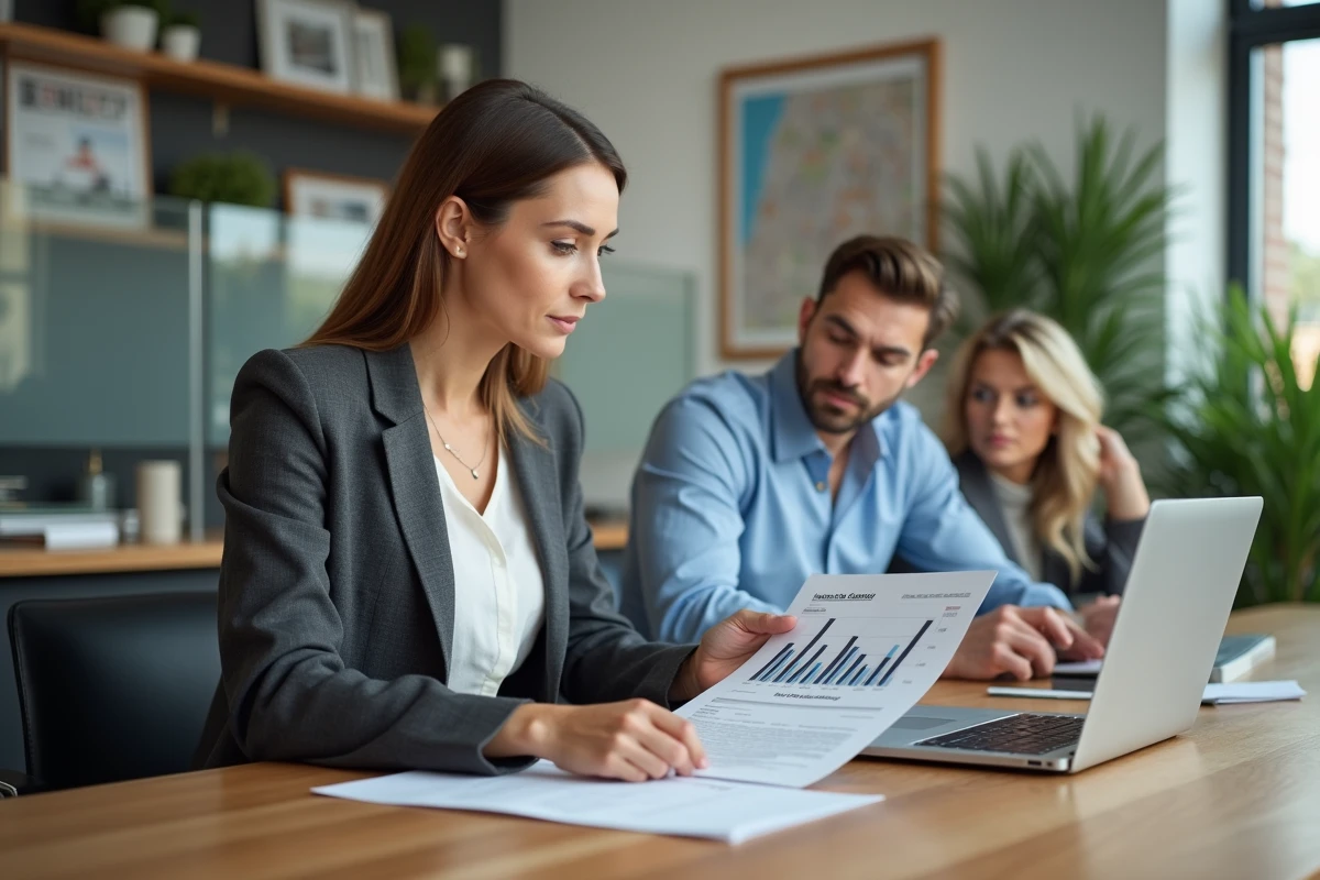 Agent immobilier présentant un rapport d'audit thermique à des acheteurs potentiels dans une agence immobilière moderne pour valoriser un bien à la revente
