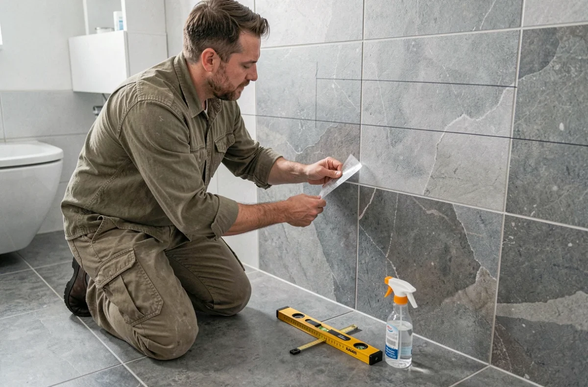 Homme alignant un revêtement autocollant effet pierre sur un mur de salle de bain avec outils de mesure
