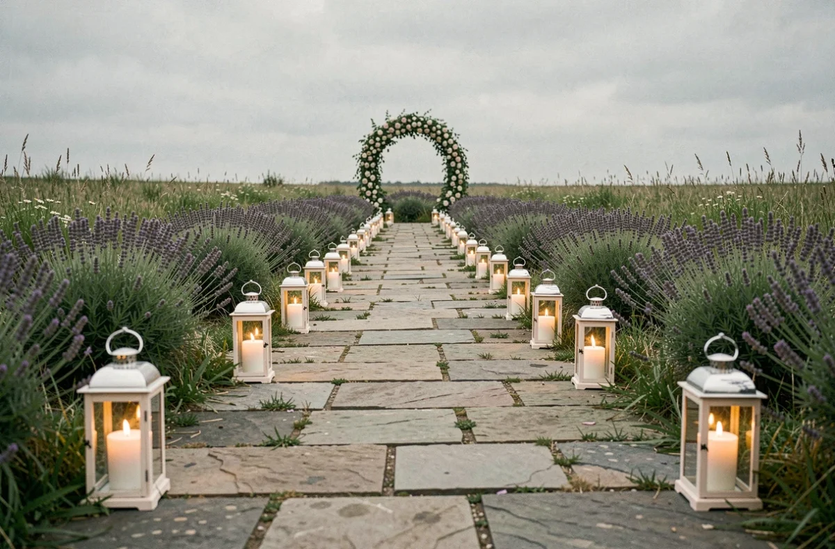 Allée de mariage en plein air bordée de lanternes avec bougies fausse flamme LED posées sur chemin en pierre et lavande