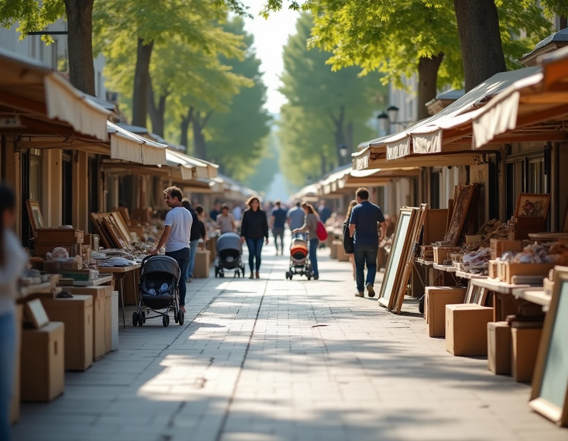 Allée d'un grand vide grenier en plein air dans une commune du 92 avec des familles et des vendeurs alignés des deux côtés