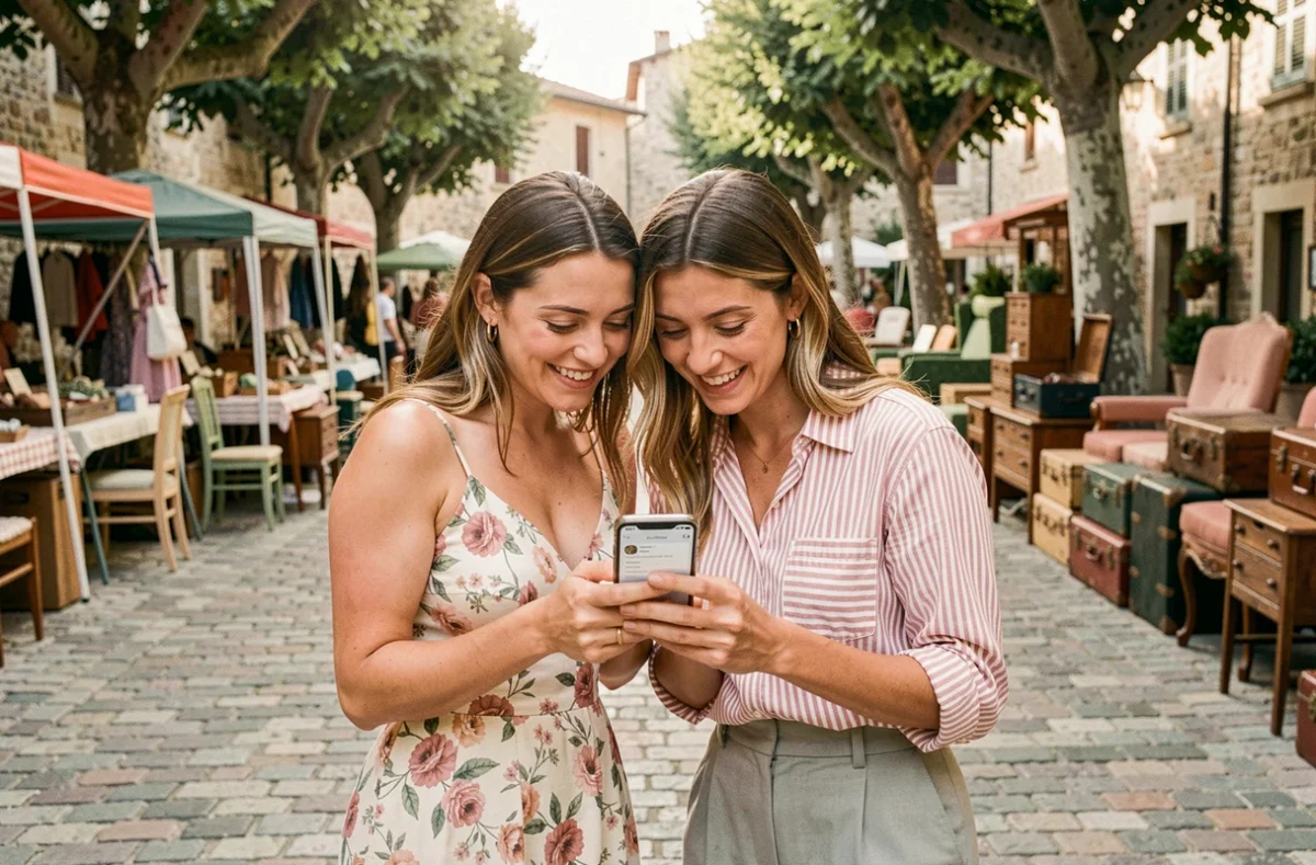 Deux amies consultant ensemble une application de suivi des dates de brocante sur smartphone lors d'un marché en plein air dans un village de l'Ain