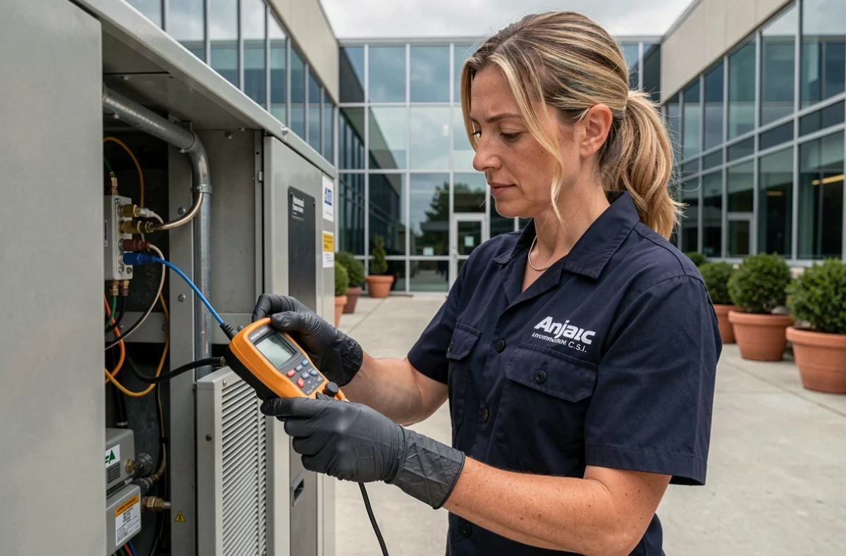 Technicienne Anjac C.S.I. effectuant la maintenance d'un compresseur de climatisation commerciale dans la cour d'un immeuble de bureaux normand