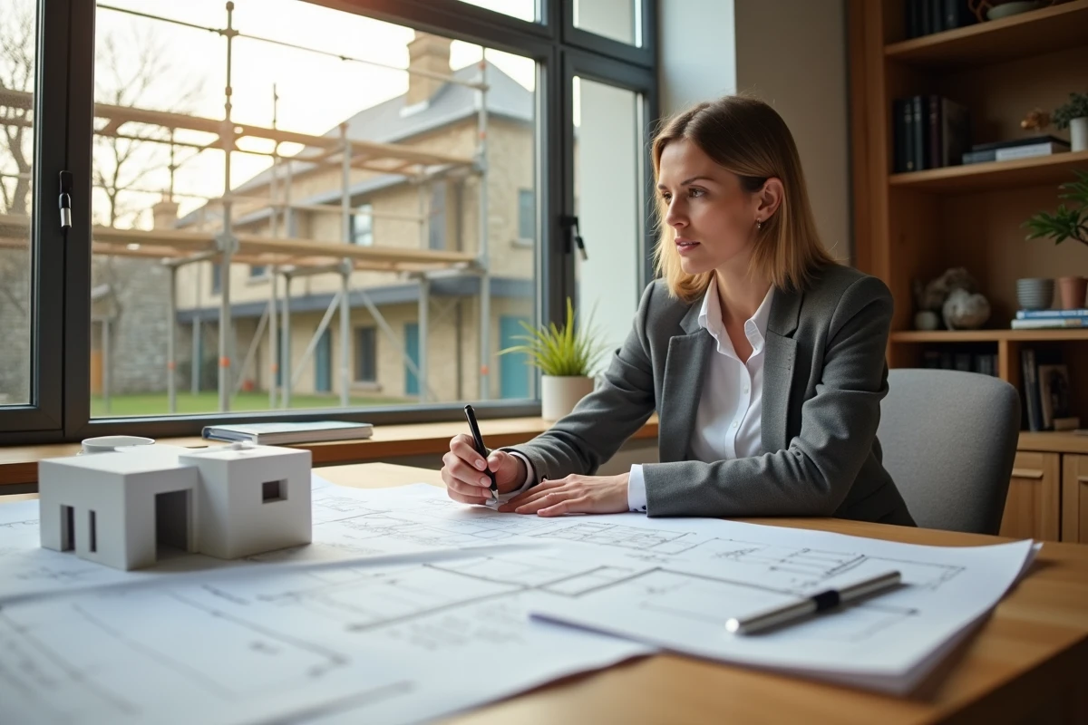 Architecte femme analysant plans dans bureau lumineux