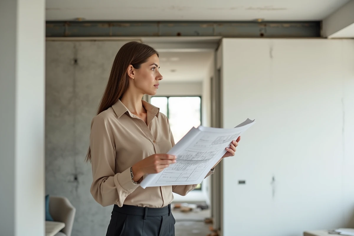 Jeune architecte observant une poutre en acier dans une maison moderne