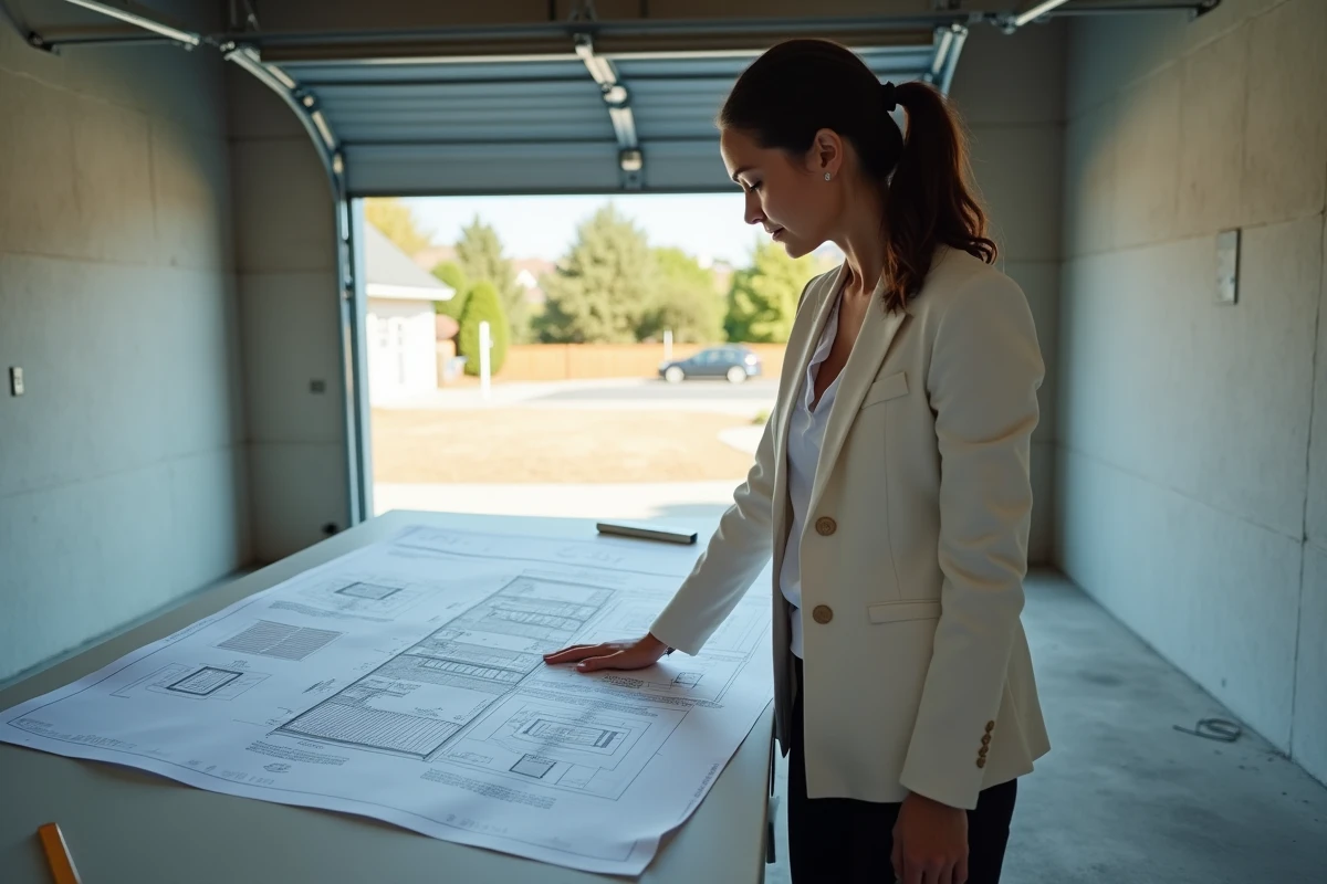 Architecte féminine consultant des plans de porte de garage sur-mesure à l'intérieur d'un garage résidentiel avec une porte sectionnelle ouverte