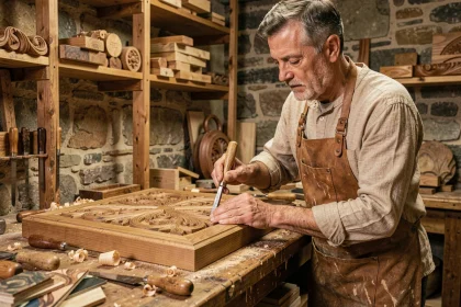 Artisan en atelier sculptant un panneau en chêne massif avec des outils traditionnels, entouré de pièces de bois décoratives uniques