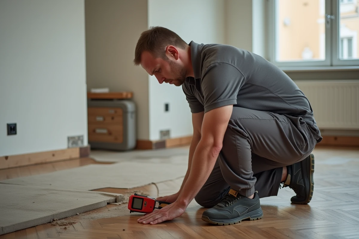 Artisan spécialisé inspectant un parquet abîmé par l'eau avec un humidimètre lors d'une rénovation