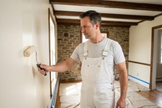 Artisan peintre professionnel appliquant de la peinture crème sur un mur intérieur dans une maison de style breton à Rennes