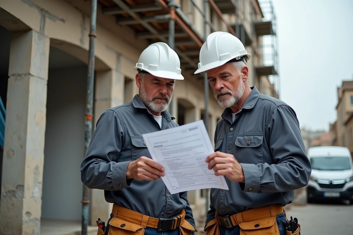 Deux artisans du bâtiment discutant d'un devis de travaux devant une façade en rénovation avec échafaudages