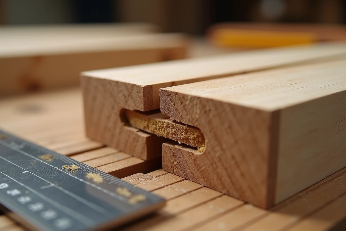Gros plan sur un assemblage tenon mortaise mal ajusté avec jeux visibles entre les pièces de bois
