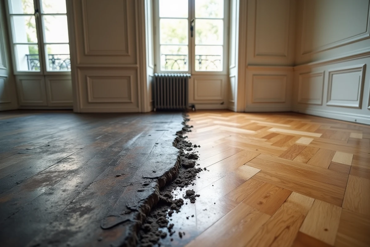 Comparaison avant-après d'un parquet noirci par dégât des eaux et d'une section restaurée après rénovation