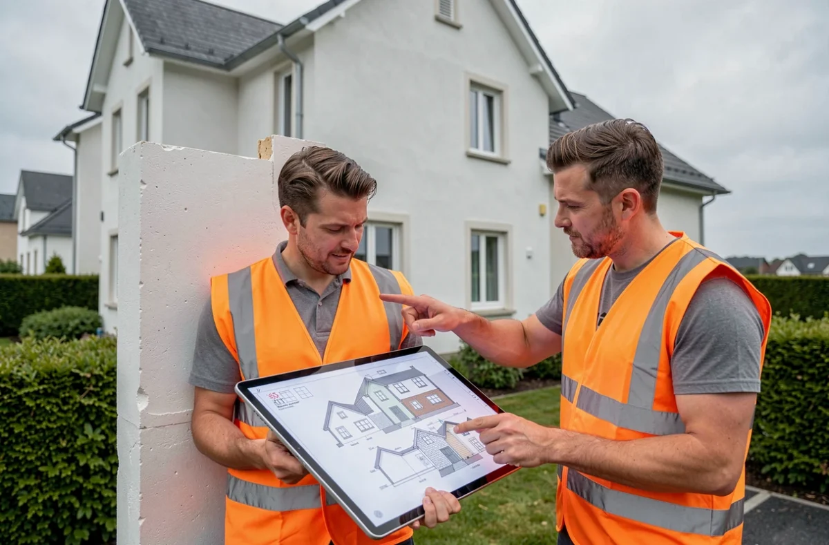 Professionnels du groupe BATI BELGIUM devant un bâtiment rénové avec enduit complet, inspection d'un chantier de rénovation complète