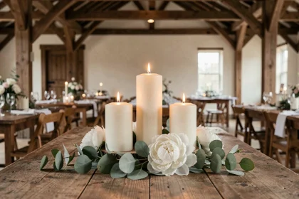 Bougies fausse flamme LED ivoires sur table rustique décorée de pivoines blanches et eucalyptus pour mariage champêtre