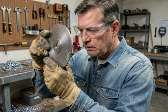 Bricoleur inspectant un disque tronçonner métal dans un atelier de particulier