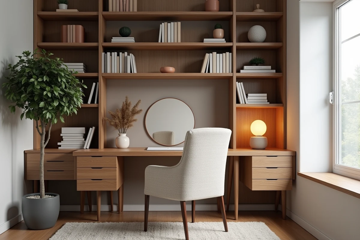 Coin bureau à domicile tendance 2026 avec bureau en noyer, fauteuil en bouclé ivoire et grand figuier en pot devant une étagère de livres de décoration