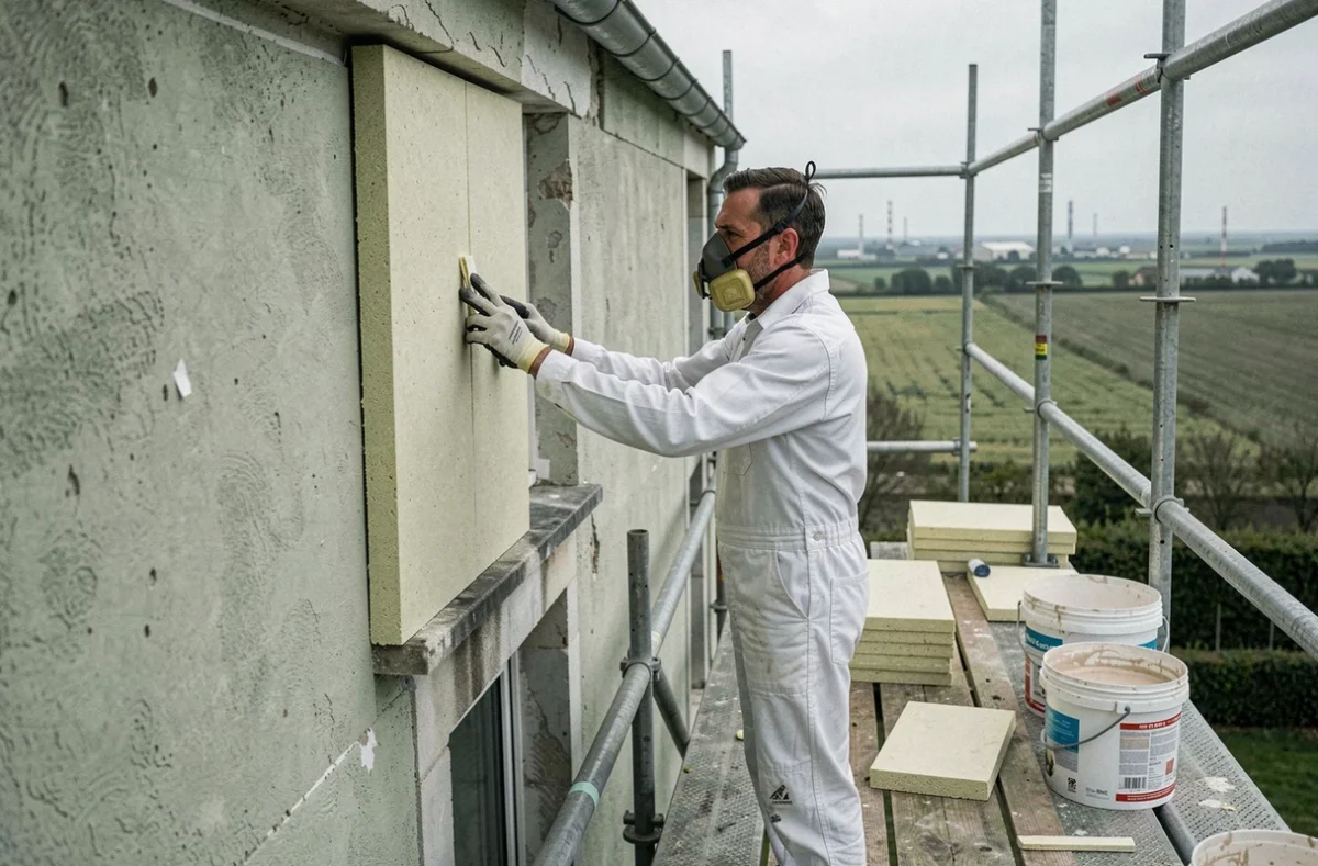 Ouvrier de Cambresis Rénovation posant des panneaux d'isolation thermique sur une façade à Vieux-Condé, chantier de rénovation énergétique