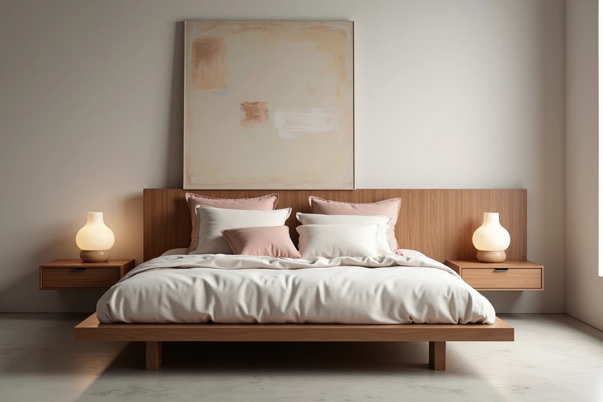 Chambre moderne stylisée en magasin BUT avec lit en noyer, linge de lit neutre et tables de chevet flottantes