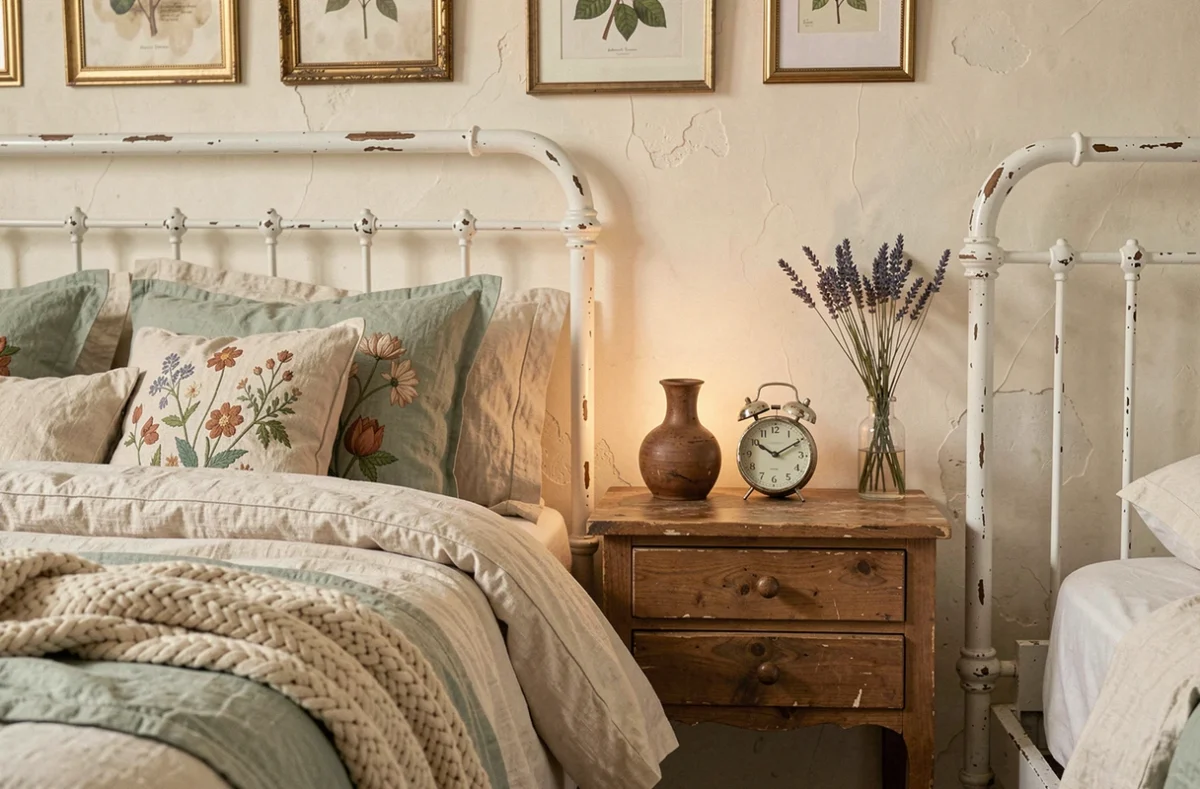 Chambre vintage chic avec tête de lit en fer forgé blanc vieilli, literie en lin naturel et chevet en chêne patiné avec horloge vintage et prints botaniques encadrés