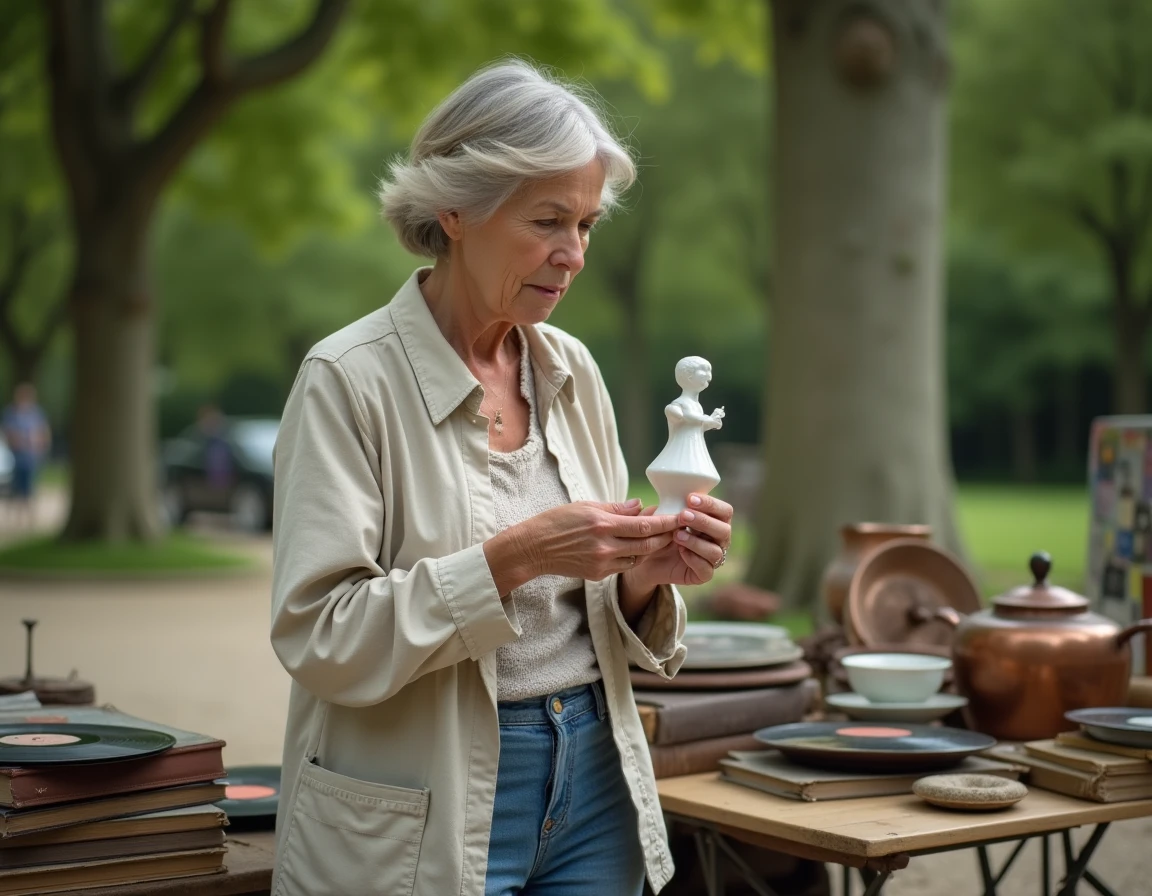Une femme examine une figurine en porcelaine ancienne sur un stand de vide grenier dans le département des Hauts-de-Seine