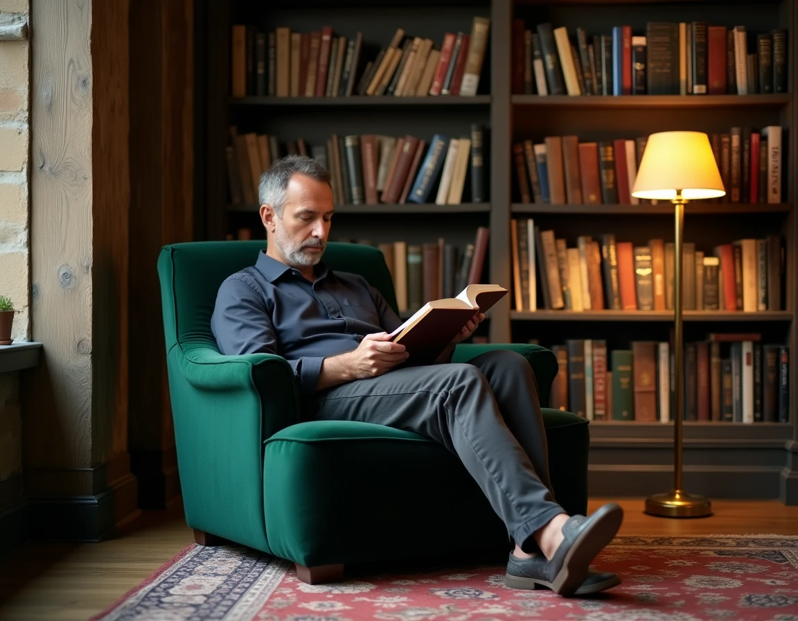 Homme lisant dans un fauteuil velours vert dans un salon décoré comme une librairie avec étagères du sol au plafond
