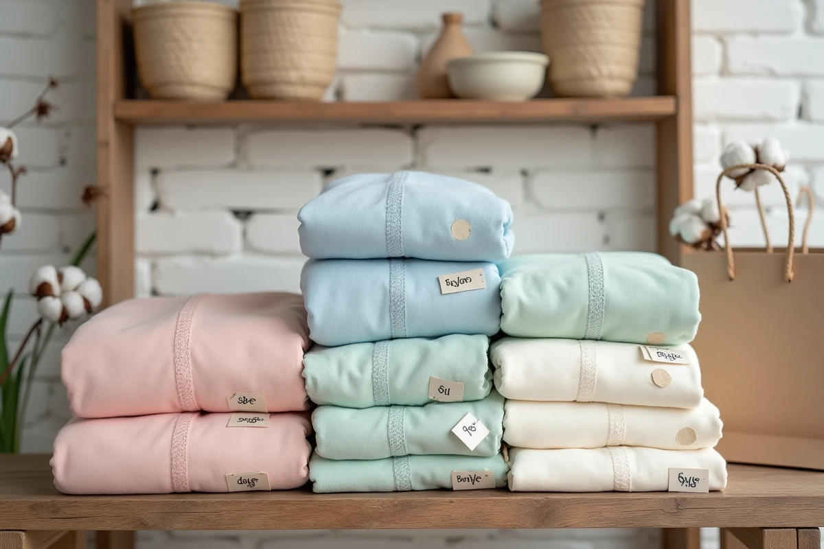 Plusieurs turbulettes colorées soigneusement pliées sur une étagère en bois dans une boutique bébé artisanale