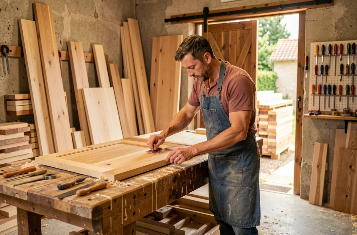 Menuisier de Compao à Boé façonnant une porte de cuisine en bois dans son atelier artisanal
