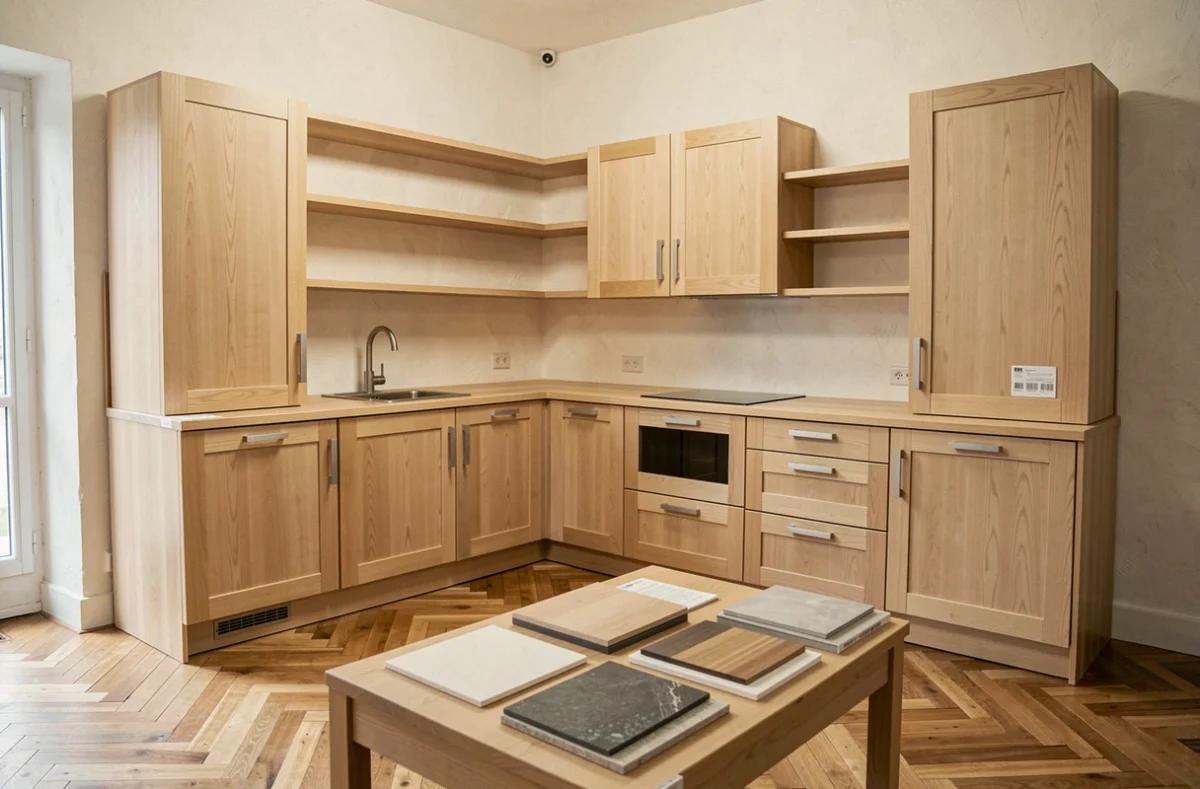 Showroom de Compao menuisier au Passage avec une cuisine en frêne clair exposée sur mesure