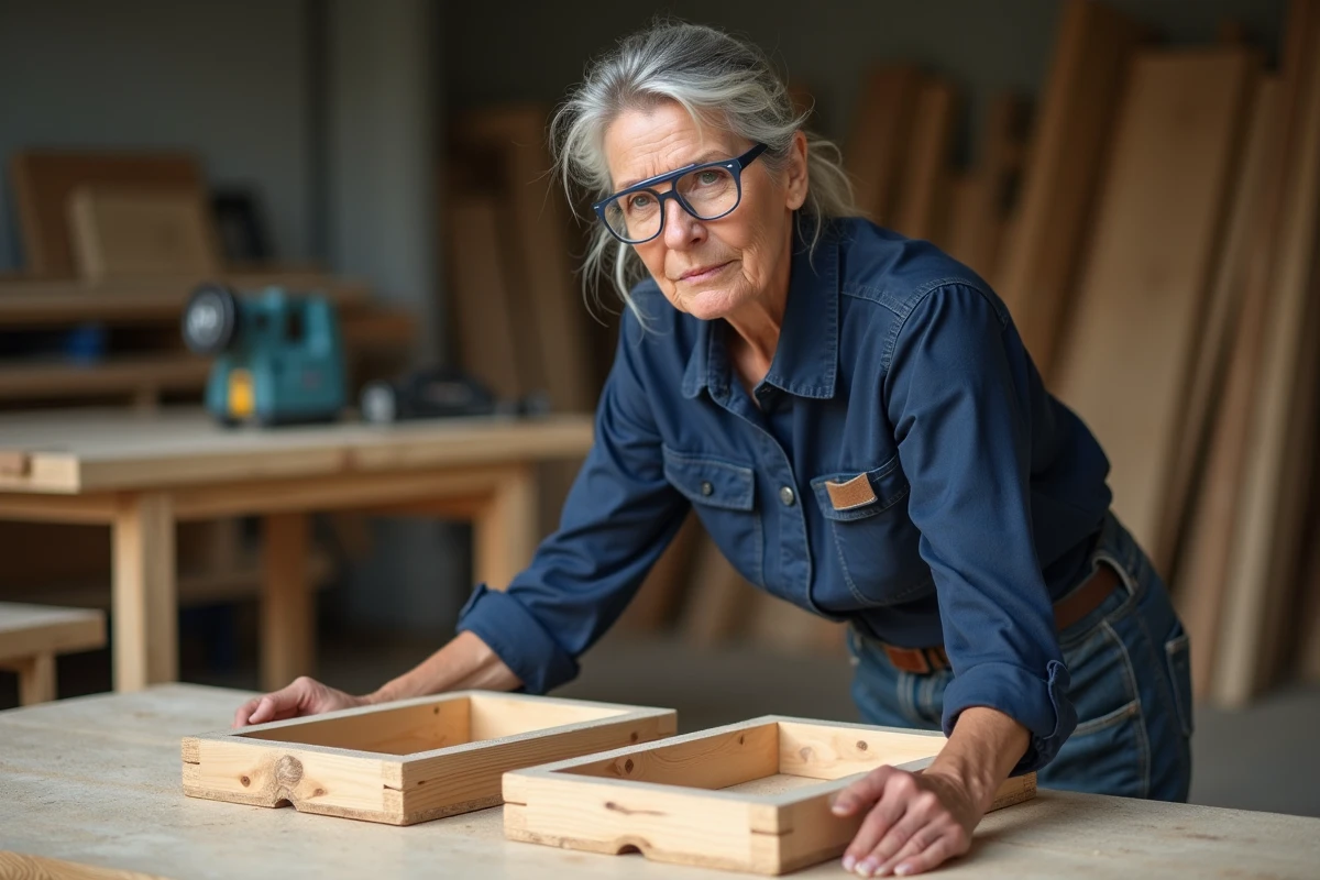 Ébéniste comparant deux assemblages tenon mortaise dont l'un présente des défauts de collage et d'alignement