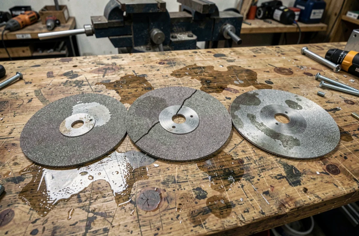 Comparaison de disques tronçonner métal usagés et neufs sur un établi d'atelier