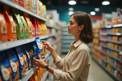 Femme comparant des sacs de granules Leclerc en rayon de magasin animalerie