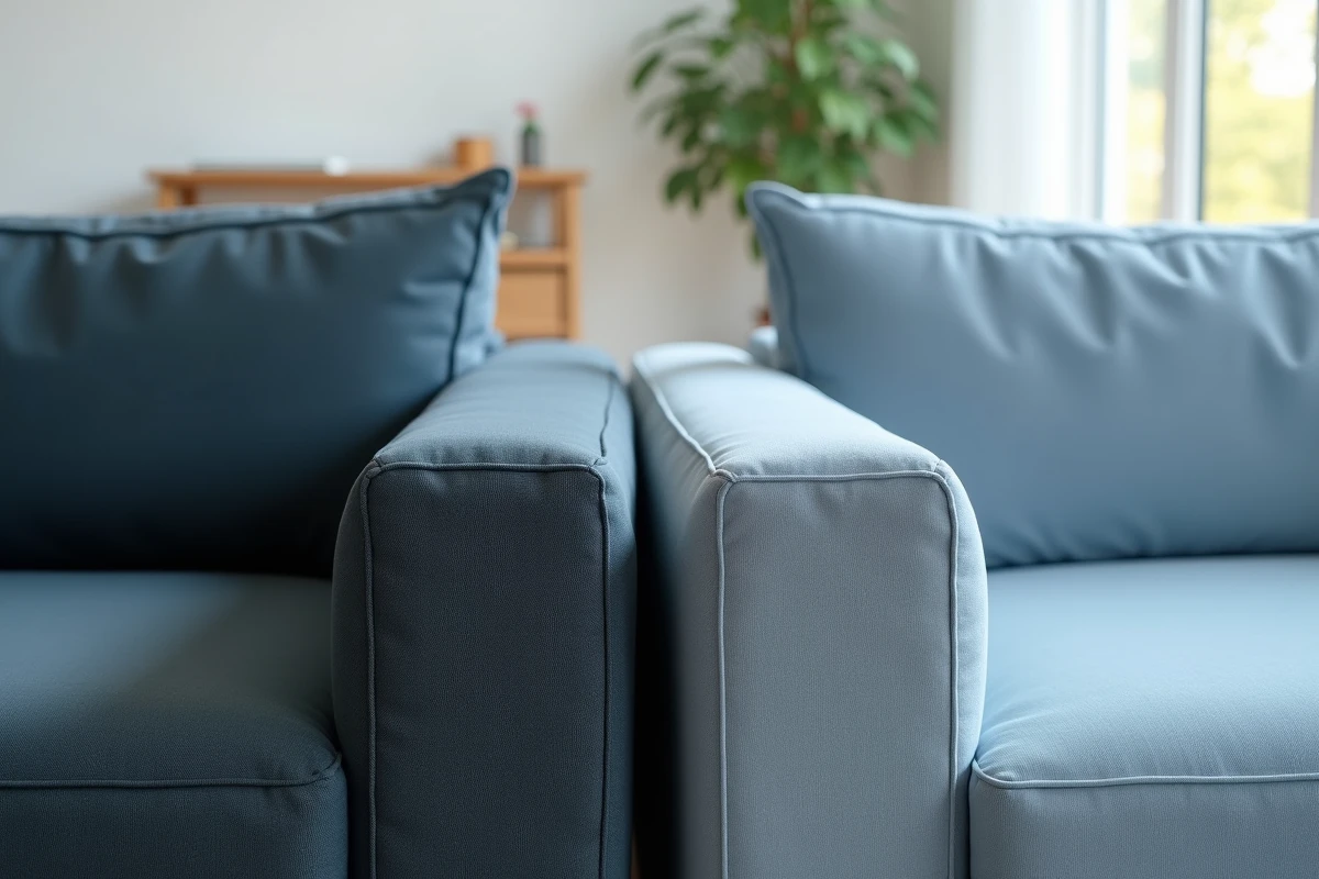 Comparaison en gros plan entre une housse Conforama ajustée et une housse universelle stretch sur un canapé d'angle