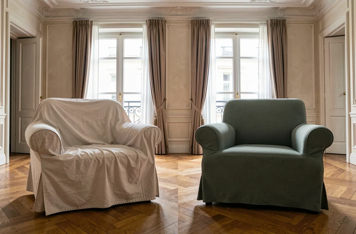 Comparaison avant-après entre une housse mal ajustée plissée et une housse extensible parfaitement tendue sur deux fauteuils club