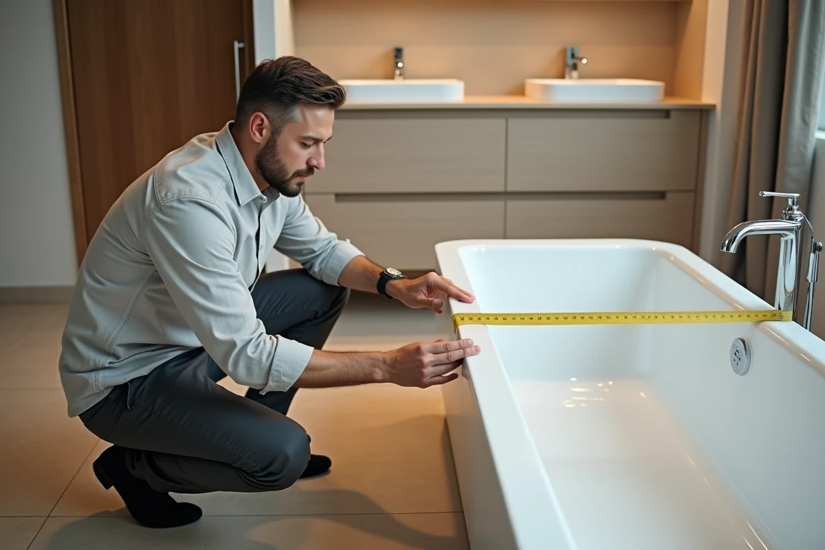 Homme comparant la longueur de deux baignoires standard avec un mètre ruban dans une grande salle de bain familiale