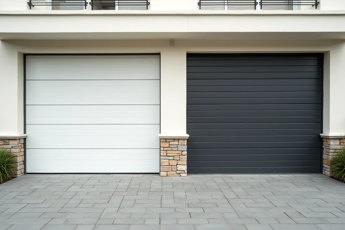 Comparaison côte à côte d'une porte de garage standard blanche et d'une porte sur-mesure en finition bois anthracite sur une façade résidentielle