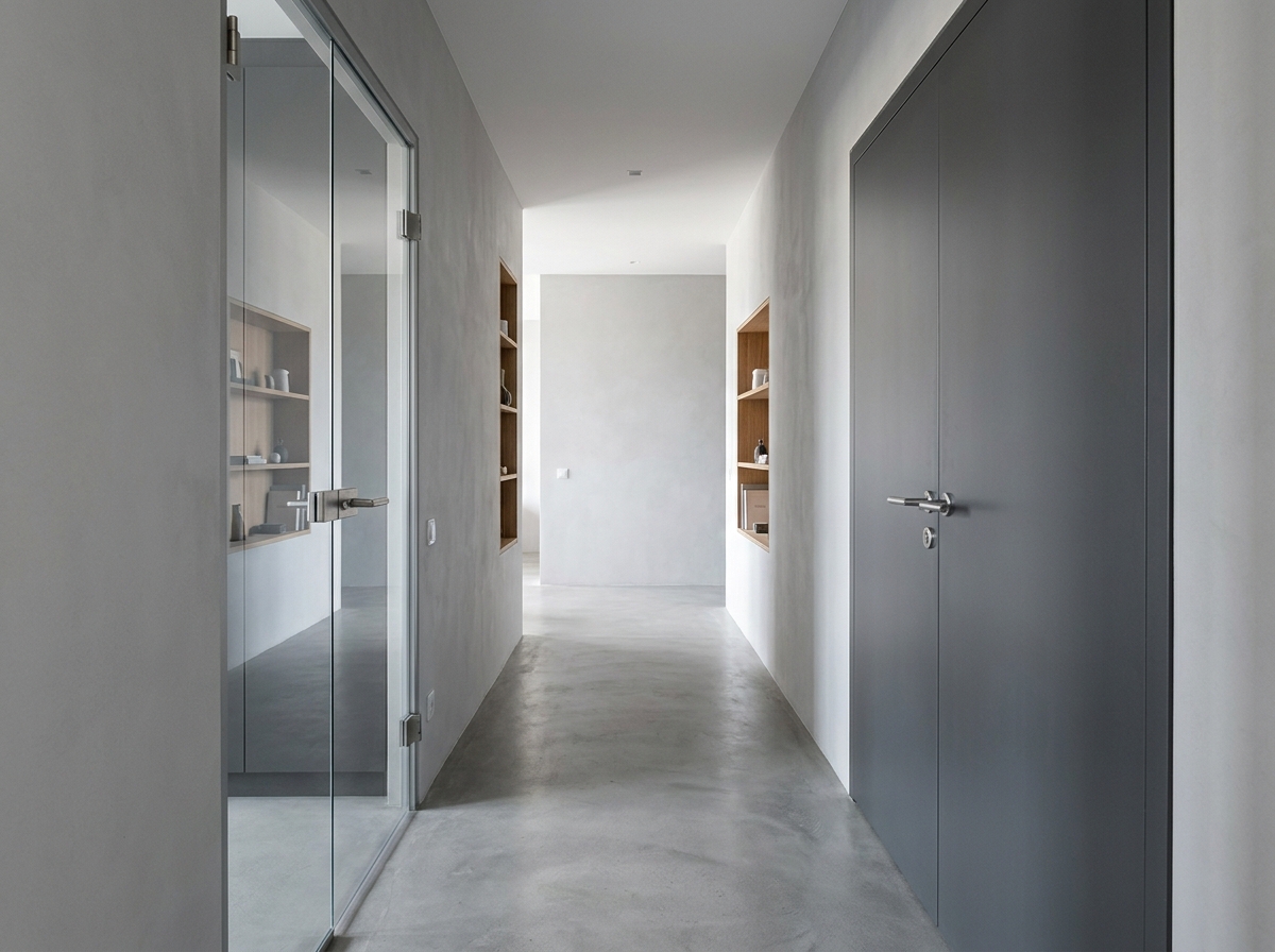 Couloir d'appartement contemporain avec porte battante vitrée transparente et porte pleine grise anthracite en vis-à-vis, sol béton poli