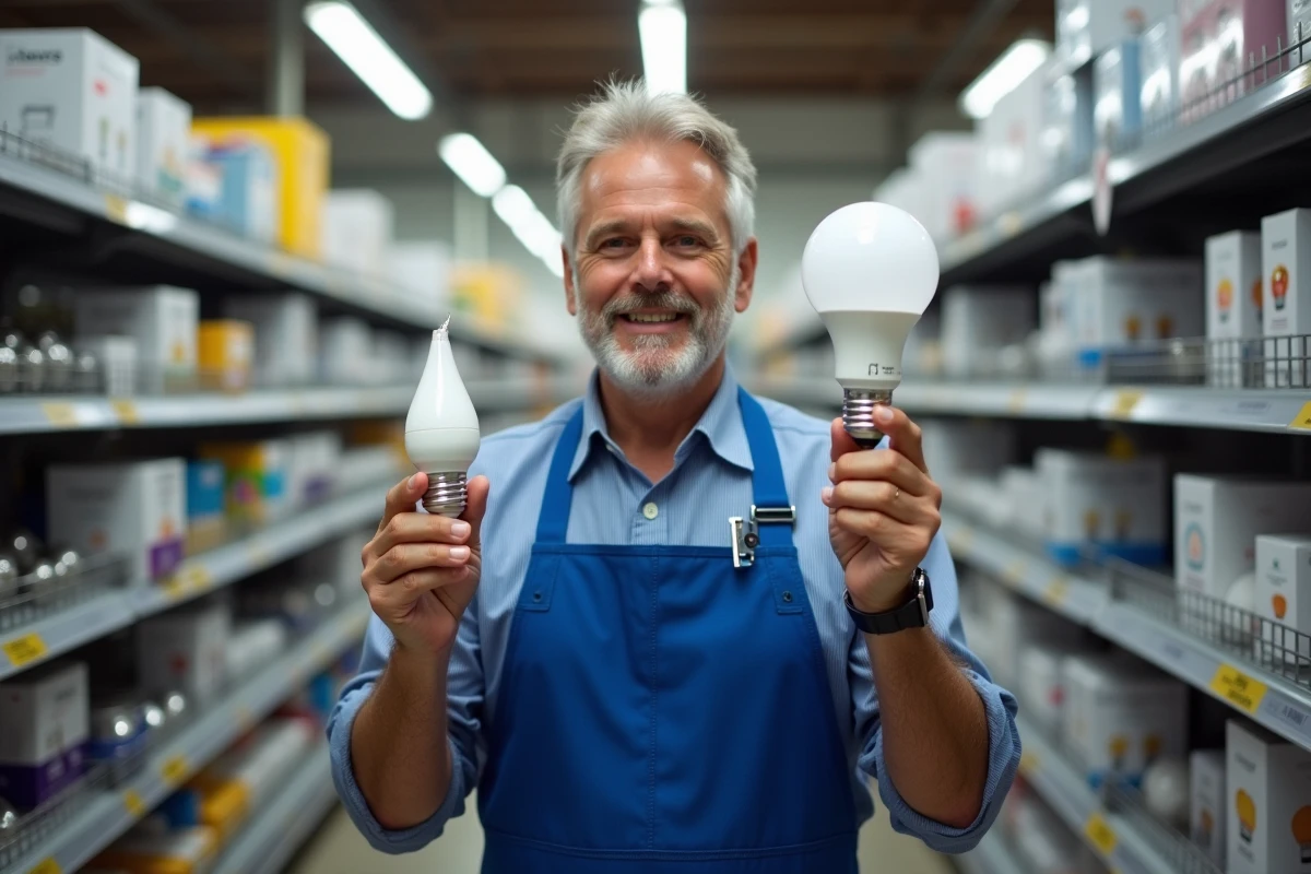 Vendeur en magasin tenant deux ampoules de tailles différentes pour comparer une petite E14 et une grande E27 dans un rayon de quincaillerie