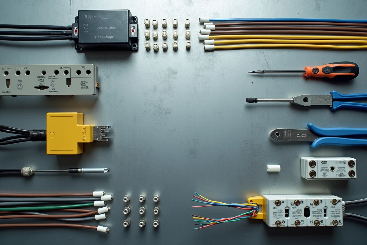 Vue à plat des composants électriques pour schéma 380V en 220V : disjoncteurs différentiels, transformateur et câblage