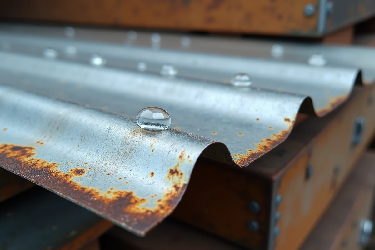 Gros plan sur une tôle galvanisée présentant de la rouille blanche et une dégradation du revêtement zinc sur le bord coupé