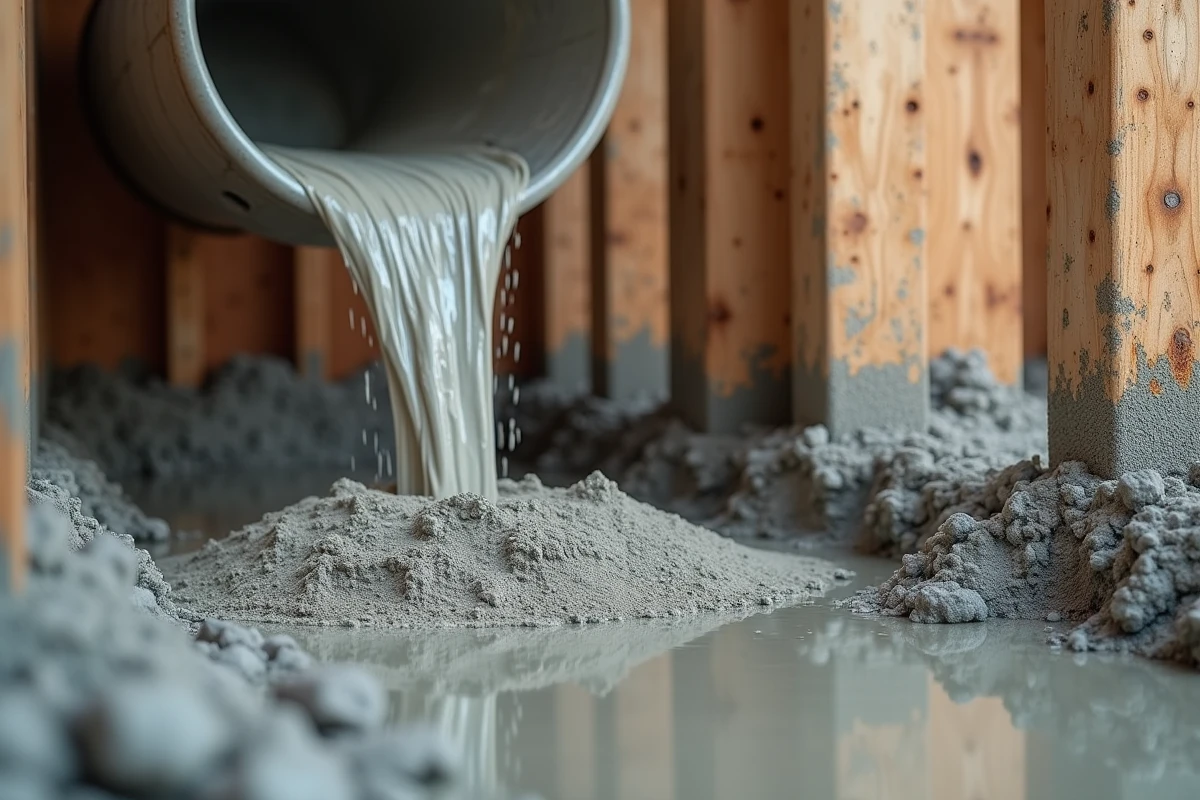 Coulage de béton armé dosé à 350 kg dans un coffrage bois avec armature acier et granulats sable gravier