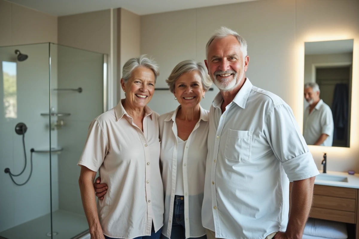 Couple âgé admirant leur salle de bain rénovée avec satisfaction