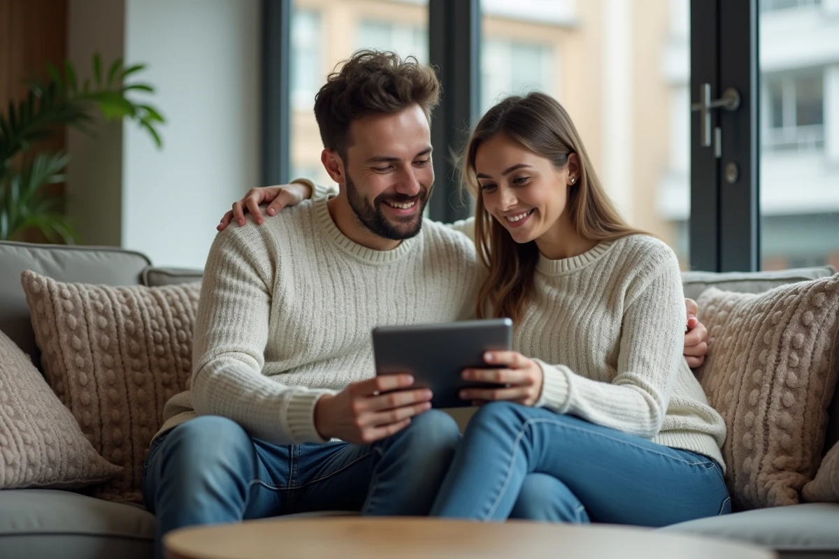 Jeune couple regardant une tablette dans un salon moderne