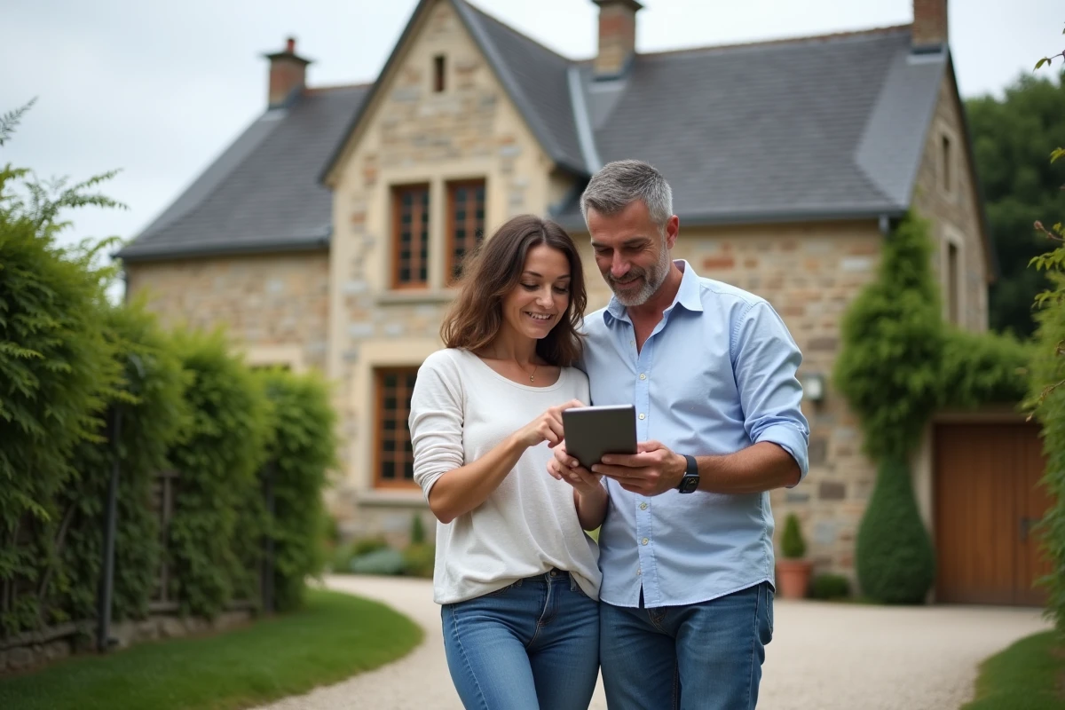 Couple comparant des offres d'assurance maison en ligne devant une maison de 120m2 en pierre, simulateur en ligne sur tablette