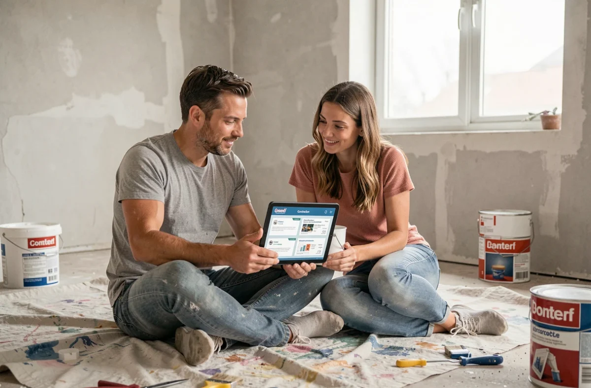 Couple en train de comparer des offres d'entrepreneurs sur tablette assis dans une pièce en rénovation avec murs en plâtre brut