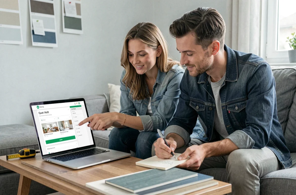 Couple comparant des prix de travaux en ligne sur ordinateur pour optimiser leur budget rénovation