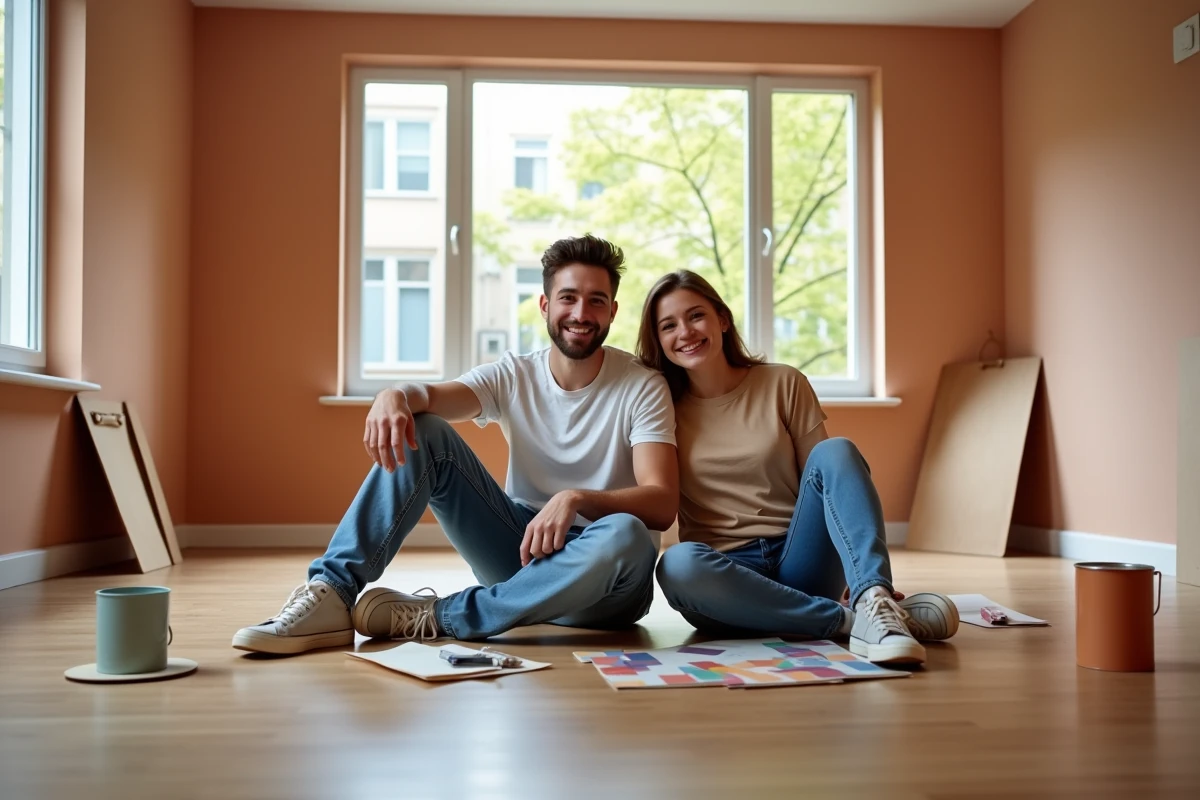 Jeune couple dans leur appartement rénové avec couleurs et pots de peinture