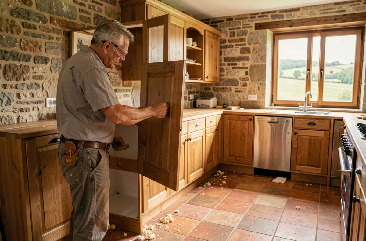 Artisan de Création G. Selva installant une cuisine sur-mesure dans une maison de campagne en Lot-et-Garonne