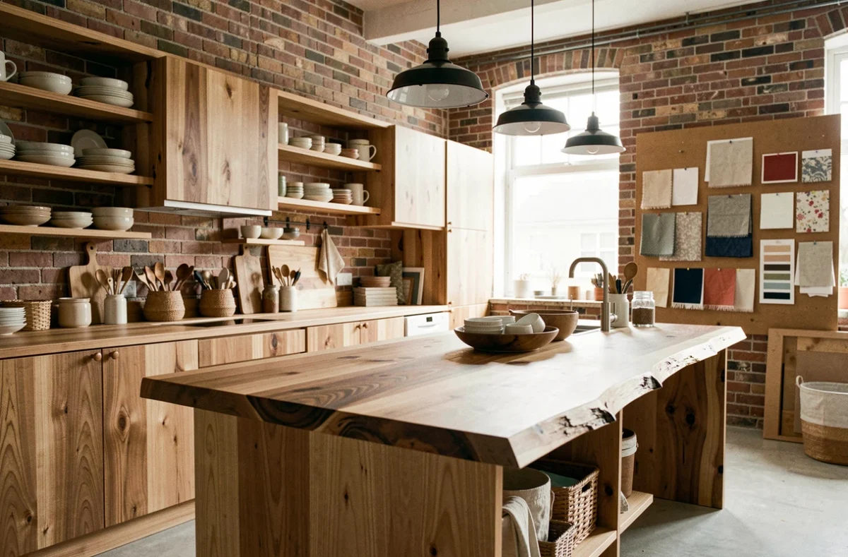 Studio de Cuisine Concept Création avec une cuisine sur-mesure artisanale en bois et îlot central